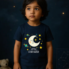 Little Star Gazer Kids' T-Shirt – Moon & Stars Design | 100% Cotton | Unisex Fit Kids Hug