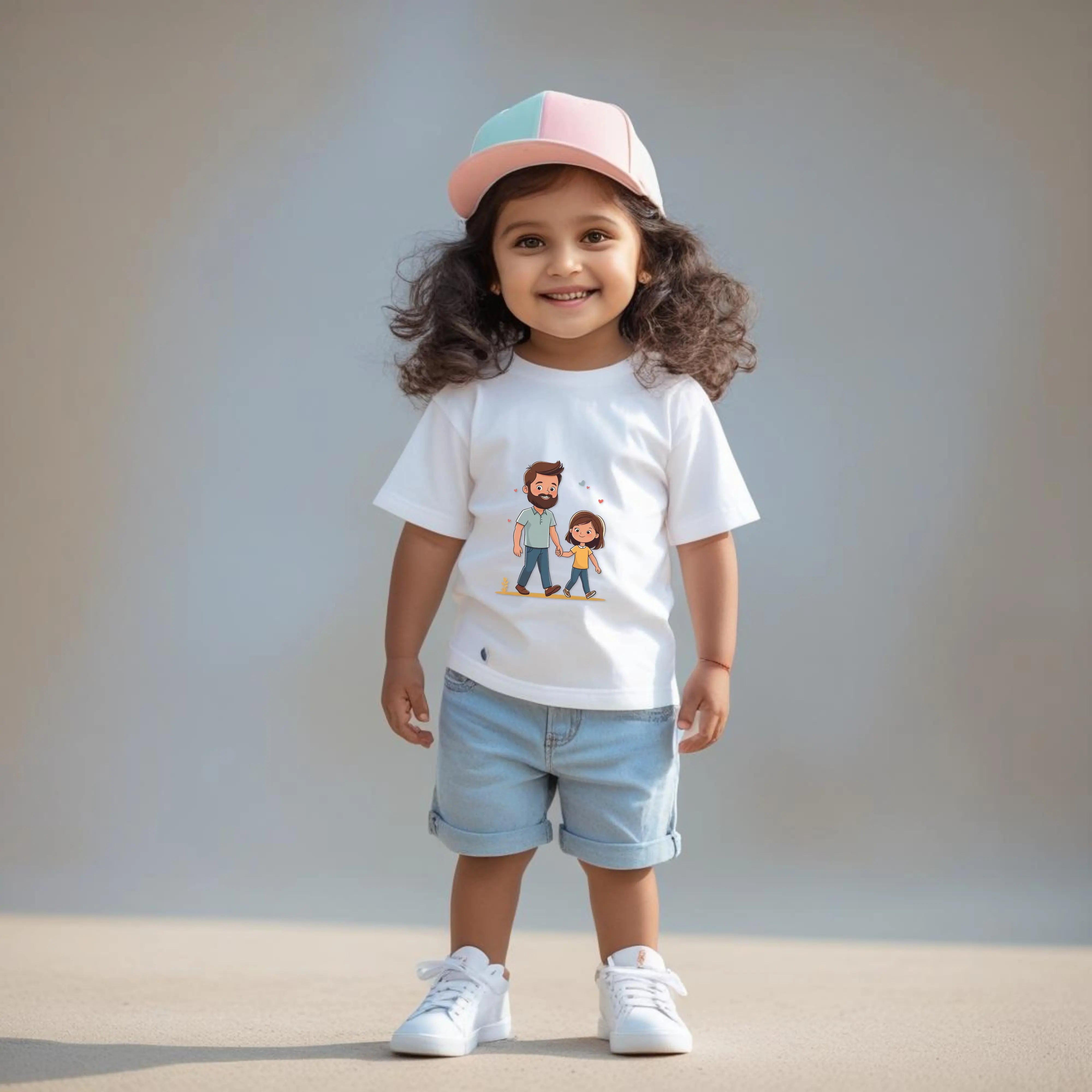 Hand in Hand – Girls' Cotton Crew Neck T-Shirt | Heartwarming Father-Daughter Design (1–3 Years) Kids Hug